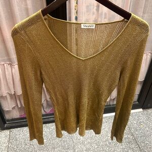 vintage tahari metallic gold knit v neck sweater nylon